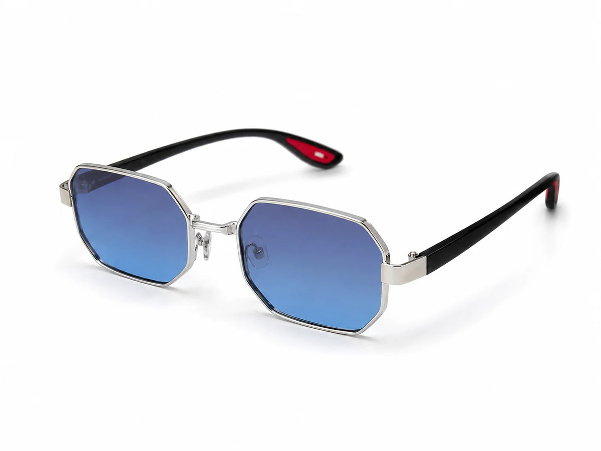 Blue-tinted octagonal sunglasses with red accents