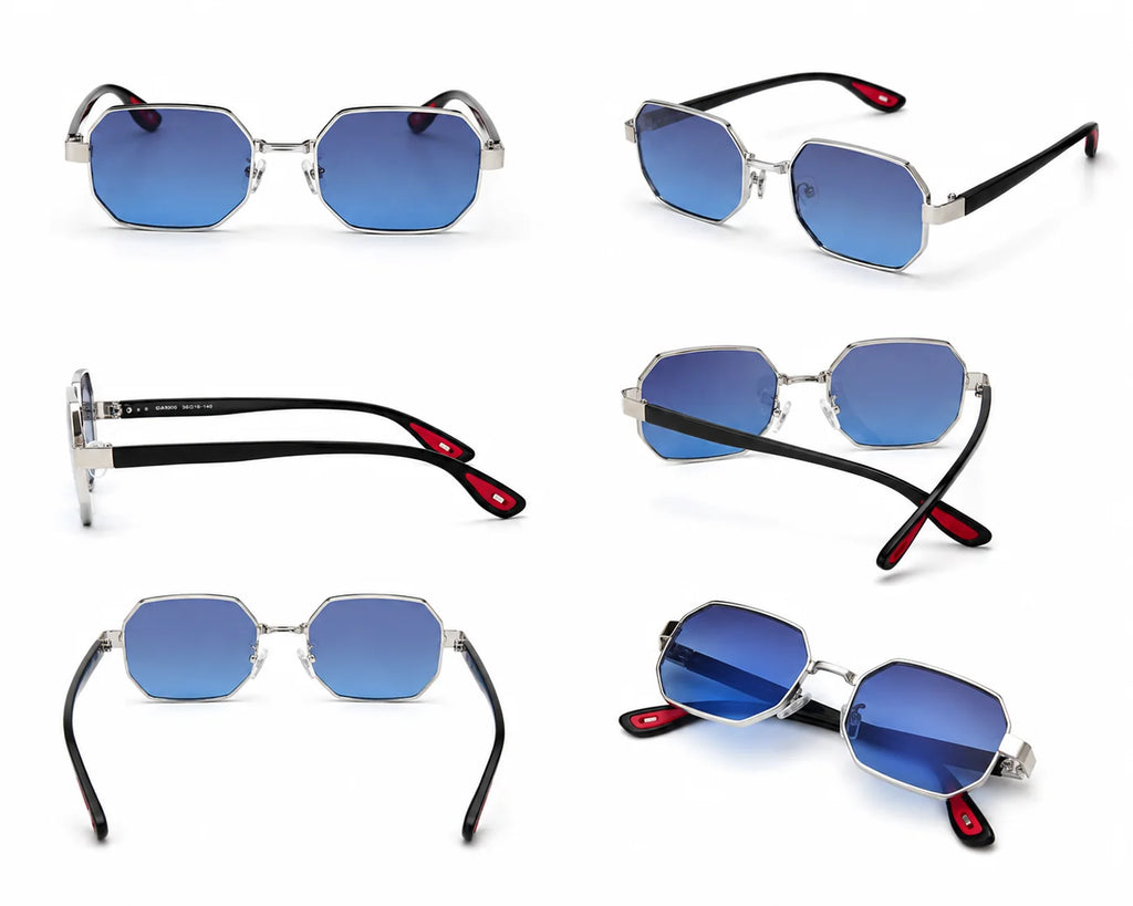 Blue-tinted octagonal sunglasses with red accents