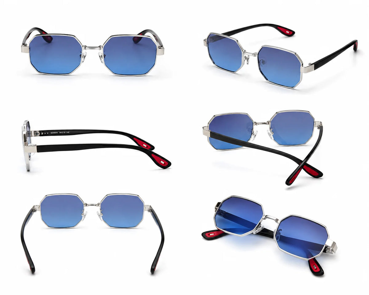 Blue-tinted octagonal sunglasses with red accents