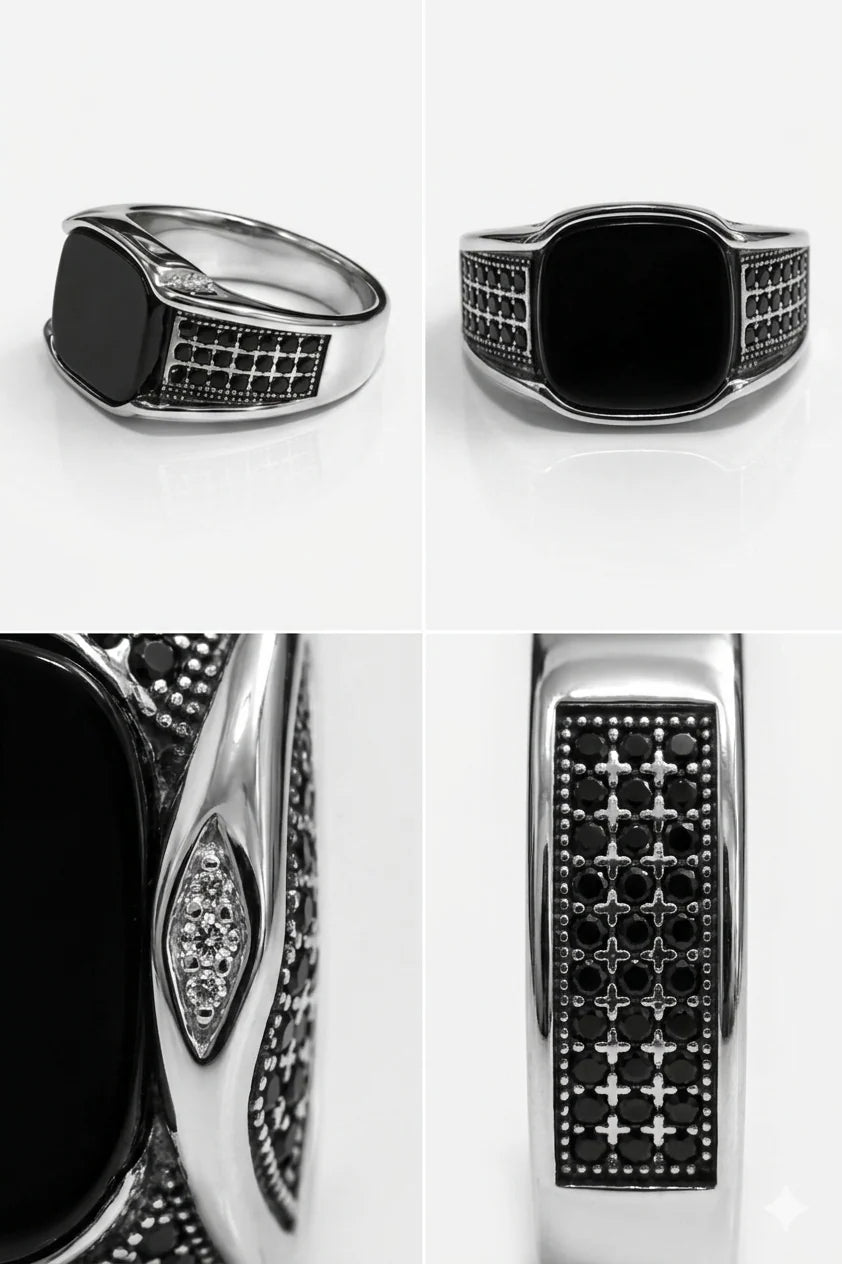 Sleek silver signet ring with onyx
