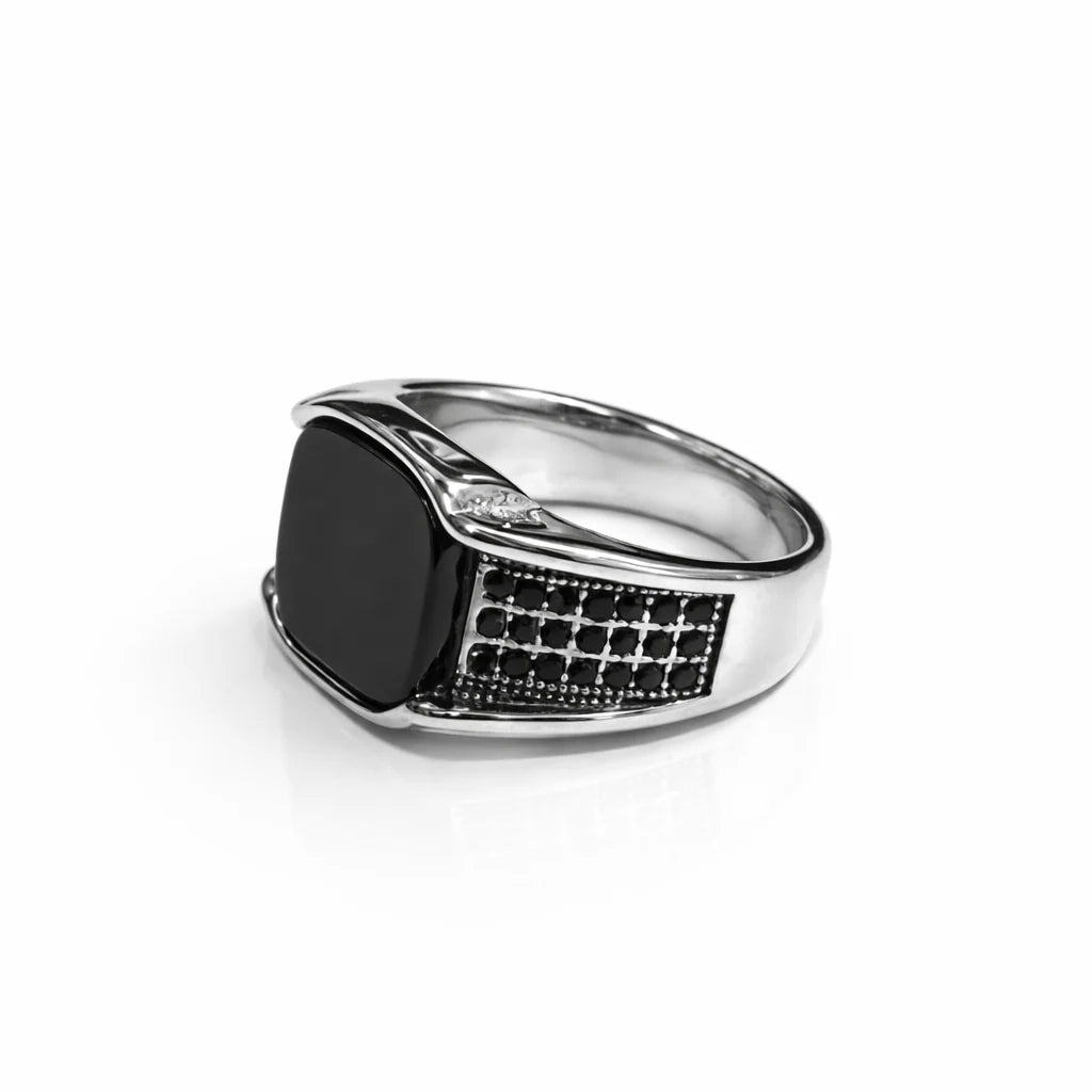 Sleek silver signet ring with onyx